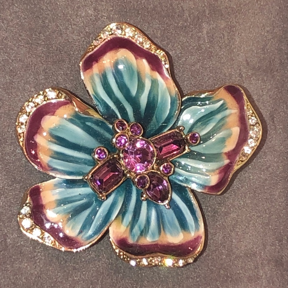 Pansy Brooch Blue Pink Enamel Flower White  Crystal Pin Liz Claiborne Vintage